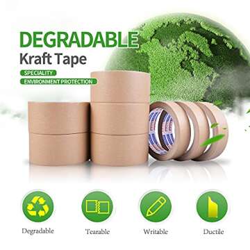ADHES Biodegradable Kraft Paper Tape, 2 inch x 55 Yards 3 Rolls Eco Friendly & Writable & Uncoated Paper Packing Tape Brown Packing Tape for Masking, Sealing, and Packaging Use