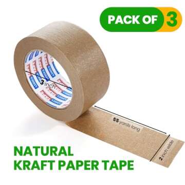 ADHES Biodegradable Kraft Paper Tape, 2 inch x 55 Yards 3 Rolls Eco Friendly & Writable & Uncoated Paper Packing Tape Brown Packing Tape for Masking, Sealing, and Packaging Use