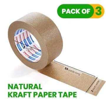 ADHES Biodegradable Kraft Paper Tape, 2 inch x 55 Yards 3 Rolls Eco Friendly & Writable & Uncoated Paper Packing Tape Brown Packing Tape for Masking, Sealing, and Packaging Use