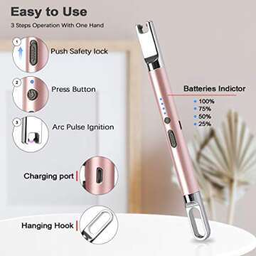 esLife Candle Lighter, Upgraded Electric Arc Lighter with Safety Switch, Flameless Portable Windproof Plasma Lighters , Rechargeable Lighter USB Battery Indicator Hanging Hook for Candle Grill