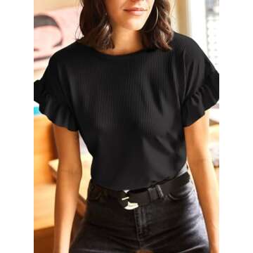 EVALESS Womens Summer Tops 2025 Fashion Trendy Spring Dressy Casual Crewneck Ruffle Short Sleeve T S...
