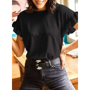 EVALESS Womens Summer Tops 2025 Fashion Trendy Spring Dressy Casual Crewneck Ruffle Short Sleeve T Shirts Cute Loose Fit Work Blouses Clothes Black Small
