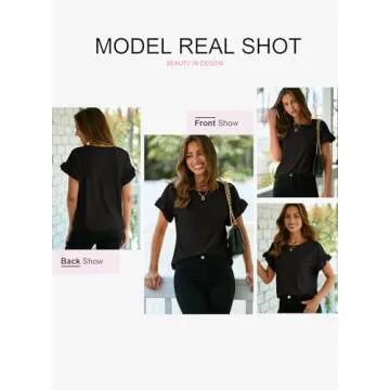 EVALESS Womens Summer Tops 2025 Fashion Trendy Spring Dressy Casual Crewneck Ruffle Short Sleeve T Shirts Cute Loose Fit Work Blouses Clothes Black Small
