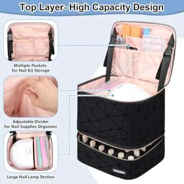 Veirdro Nail Polish Organizer Bag Holds 30 Bottles (15ml/0.5 fl.oz)& Nail Lamp, Portable Travel Nail Kit Storage Carrying Case, Double Layer Nail Supplies Holder Bag PU Leather Women (Elegant Black)