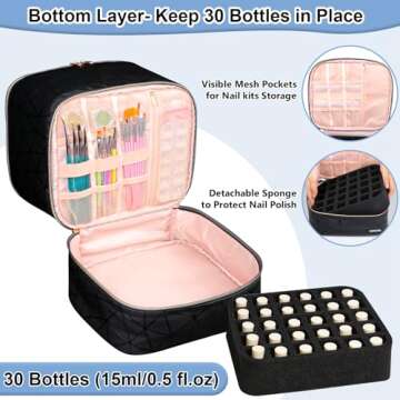 Veirdro Nail Polish Organizer Bag Holds 30 Bottles (15ml/0.5 fl.oz)& Nail Lamp, Portable Travel Nail Kit Storage Carrying Case, Double Layer Nail Supplies Holder Bag PU Leather Women (Elegant Black)