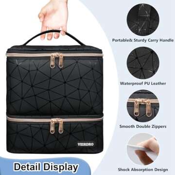 Veirdro Nail Polish Organizer Bag Holds 30 Bottles (15ml/0.5 fl.oz)& Nail Lamp, Portable Travel Nail Kit Storage Carrying Case, Double Layer Nail Supplies Holder Bag PU Leather Women (Elegant Black)