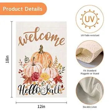 Hello Fall Welcome Garden Flag 12x18 Inch Double Sided Burlap Thanksgiving Autumn Pumpkin Floral Orange Leaves Yard Flag for Farmhouse Home Outdoor Decorations Decor