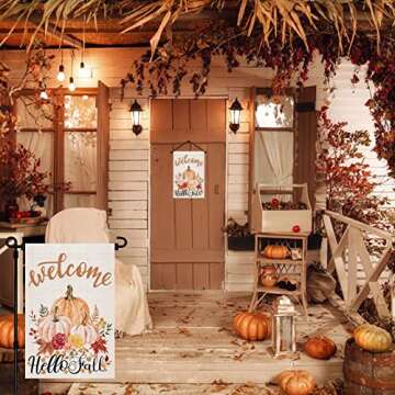Hello Fall Welcome Garden Flag 12x18 Inch Double Sided Burlap Thanksgiving Autumn Pumpkin Floral Orange Leaves Yard Flag for Farmhouse Home Outdoor Decorations Decor