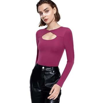 PUMIEY Bodysuit Shirts for Women Long Sleeve Body Suits Slim Fit Sexy Going Out Tops, Plum Small