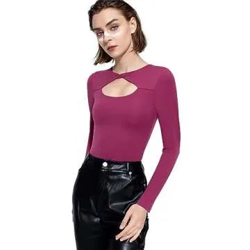 PUMIEY Bodysuit Shirts for Women Long Sleeve Body Suits Slim Fit Sexy Going Out Tops, Plum Small