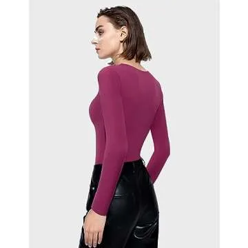 PUMIEY Bodysuit Shirts for Women Long Sleeve Body Suits Slim Fit Sexy Going Out Tops, Plum Small