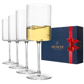 BENETI Square Crystal Wine Glasses Set Of 4 - European-made Handblown 14 oz Gift Packed Glasses - La...