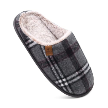 COFACE Mens Grey Flano Plaid Cozy Memory Foam scuff Slippers Slip On Warm House Shoes Indoor/Outdoor...