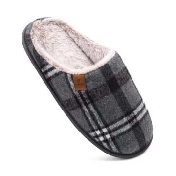 COFACE Men's Grey Flano Plaid Cozy Memory Foam Scuff Slippers Slip On Warm House Shoes Indoor/Outdoo...