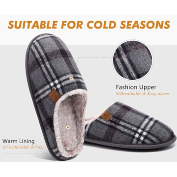 Cozy COFACE Men's Grey Flano Plaid Memory Foam Slippers
