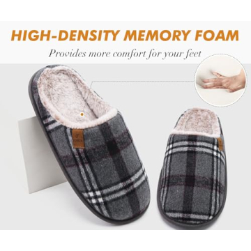 Cozy COFACE Men's Grey Flano Plaid Memory Foam Slippers