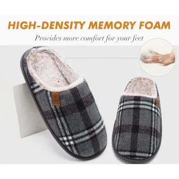 Cozy COFACE Men's Grey Flano Plaid Memory Foam Slippers