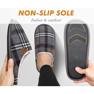 Cozy COFACE Men's Grey Flano Plaid Memory Foam Slippers