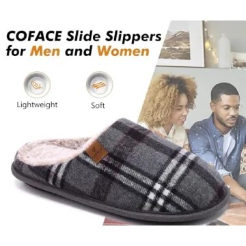 Cozy COFACE Men's Grey Flano Plaid Memory Foam Slippers