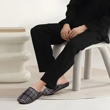 Cozy COFACE Men's Grey Flano Plaid Memory Foam Slippers