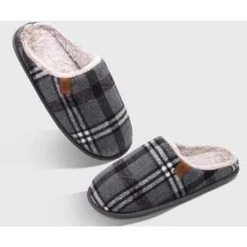 Cozy COFACE Men's Grey Flano Plaid Memory Foam Slippers