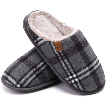 Cozy COFACE Men's Grey Flano Plaid Memory Foam Slippers