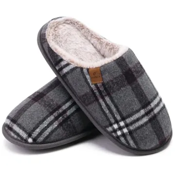 Cozy COFACE Men's Grey Flano Plaid Memory Foam Slippers