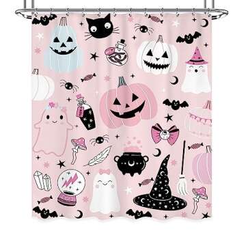 Ufeela Halloween Pumpkin Shower Curtain 60Wx72L Inch Kids Pink Cute Cartoon Spooky Ghost Crystal Bal...