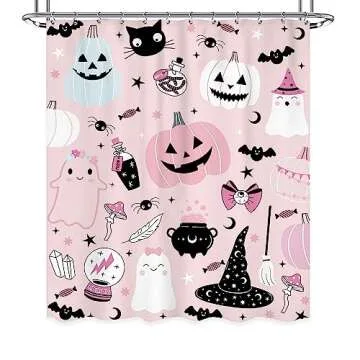 Ufeela Halloween Pumpkin Shower Curtain 60Wx72L Inch Kids Pink Cute Cartoon Spooky Ghost Crystal Bal...