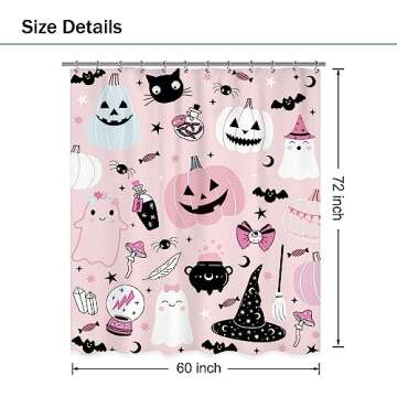 Ufeela Halloween Pumpkin Shower Curtain 60Wx72L Inch Kids Pink Cute Cartoon Spooky Ghost Crystal Ball Shower Curtain Bathroom Set Lovely Funny Witch Candy Bath Curtain Bathtub Accessories Home Decor