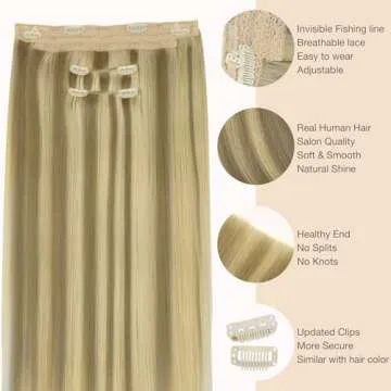 GOO GOO Wire Hair Extensions Human Hair, 16/22 Light Blondewith mix Golden Blonde Highlighted 18inch 125g, Invisible Wire Hair Extensions with Transparent, Seamless Fish Line Hairpiece