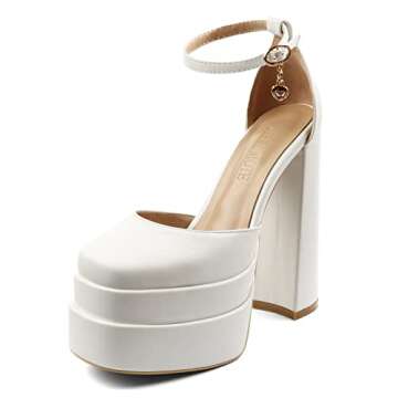 MERUMOTE Womens Sexy High Heels Platforms Pumps Square Toe Chunky Block Heels Rhinestone Party Shoes White PU US9