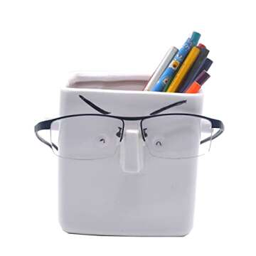 MONMOB 5"X5" White Ceramic Face Planter Pot Succulent Flowerpot DIY Painting Pencil Holder with Glas...