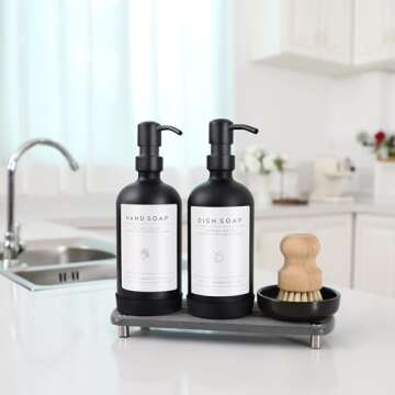 [Luxury] Kitchen Soap Dispenser Set - 16OZ Black Glass Bottle, Stainless Steel Pump, Instant Dry Tray, Waterproof Labels, Non-Slip Silicone Pad, and Dish Brush | Upgrade for Your Kitchen and Bathroom