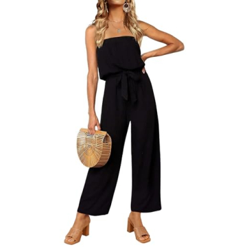 ZESICA Women's Casual Off Shoulder Solid Color Strapless Belted Wide Leg Jumpsuit Romper,Black,Small