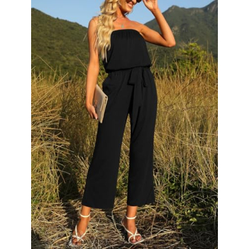 ZESICA Women's Casual Off Shoulder Solid Color Strapless Belted Wide Leg Jumpsuit Romper,Black,Small