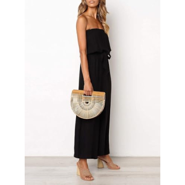 ZESICA Women's Casual Off Shoulder Solid Color Strapless Belted Wide Leg Jumpsuit Romper,Black,Small