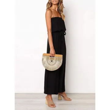 ZESICA Women's Casual Off Shoulder Solid Color Strapless Belted Wide Leg Jumpsuit Romper,Black,Small