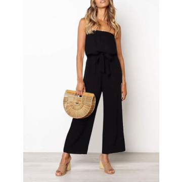 ZESICA Women's Casual Off Shoulder Solid Color Strapless Belted Wide Leg Jumpsuit Romper,Black,Small