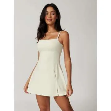 ABOCIW Athletic Dress for Women Spaghetti Strap Backless Side Slit Tennis Dress Square Neck Exercise Workout Golf Active Dress Cream Small