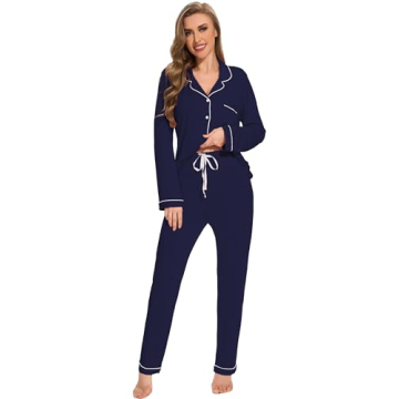 Yoolfine Button Up Pajamas for Women, Long Sleeve Sleepwear Soft Loungewear Ladies Pjs Set, Navy Blu...