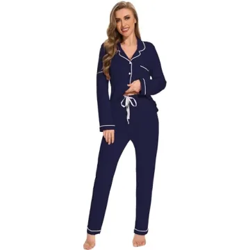 Yoolfine Button Up Pajamas for Women, Long Sleeve Sleepwear Soft Loungewear Ladies Pjs Set, Navy Blu...