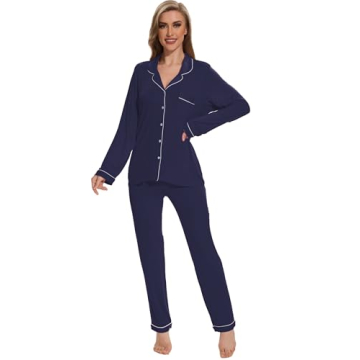 Yoolfine Women's Soft Button Up Pajamas Set, Navy Blue