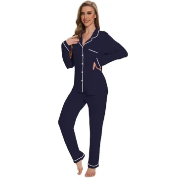 Yoolfine Women's Soft Button Up Pajamas Set, Navy Blue