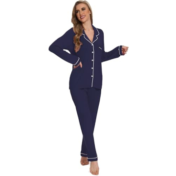 Yoolfine Women's Soft Button Up Pajamas Set, Navy Blue