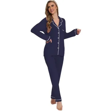 Yoolfine Women's Soft Button Up Pajamas Set, Navy Blue