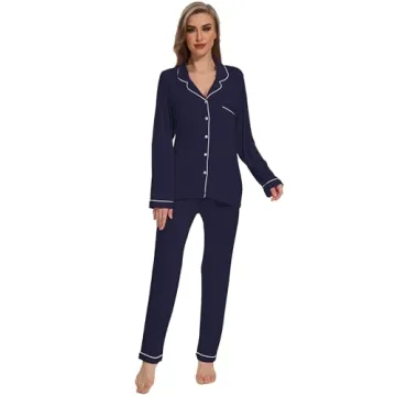 Yoolfine Women's Soft Button Up Pajamas Set, Navy Blue