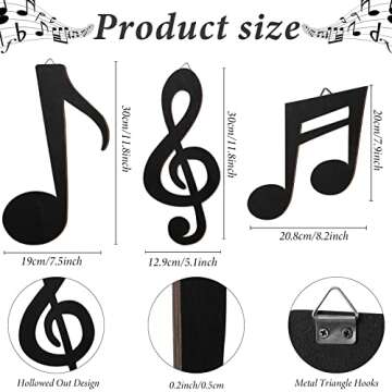 Yalikop 3 Pieces Black Treble Clef Wooden Wall Decor Music Notes Wall Art Note Wooden Wall Decoratio...