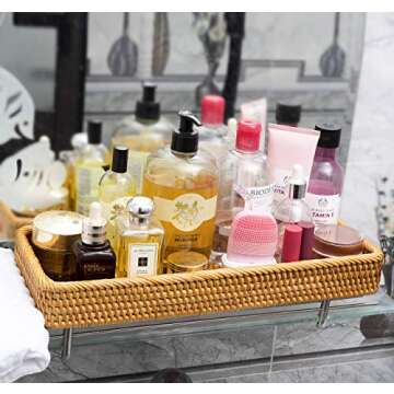 Long Narrow Rattan Tray for Bathroom Vanity Trays Decorative Jewelry Makeup Woven Back of Toilet Organizer Tray Serving Rectangle Paper Towel Storage by KOLSTRAW(16 x 6 in)