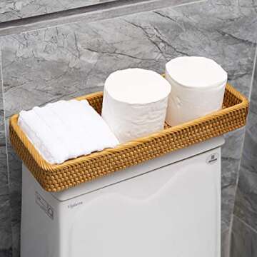 Long Narrow Rattan Tray for Bathroom Vanity Trays Decorative Jewelry Makeup Woven Back of Toilet Organizer Tray Serving Rectangle Paper Towel Storage by KOLSTRAW(16 x 6 in)